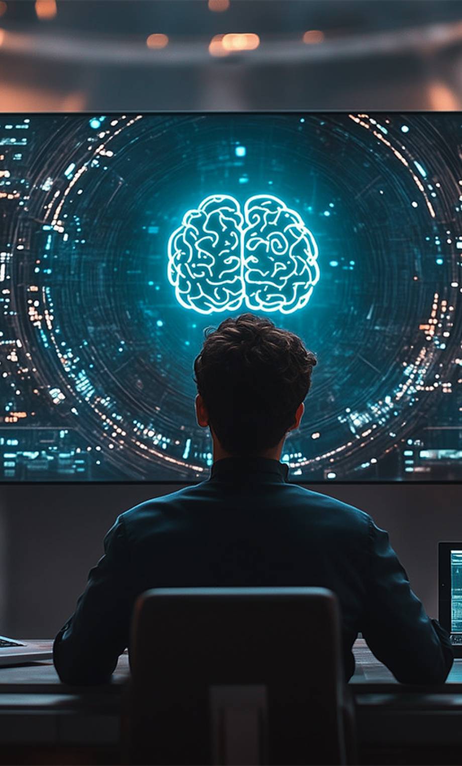 يستخدم الرجل مجموعة كبيرة من أجهزة الكمبيوتر المتعددة